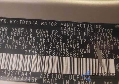 2007 Toyota Corolla Ce z USA, uszkodzony, nr VIN 2T1BR32E87C786655